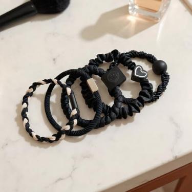 Imagem de Pacote com 5 laços de cabelo charmosos – faixas elásticas elegantes para mulheres, lindos suportes de rabo de cavalo para penteados diários (preto)