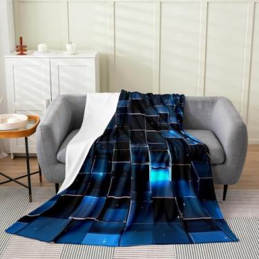 Imagem de Erosebridal Cobertor de flanela xadrez com glitter, Queen, cobertor de lã 3D para crianças, adolescentes e meninos, estampa elétrica brilhante, azul geométrico, todas as estações, felpudo