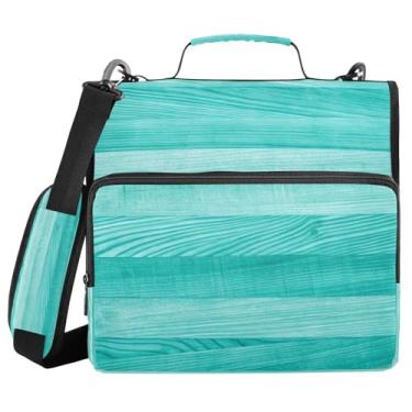Imagem de JUZIHAI Pasta de arquivo de madeira turquesa com 3 anéis com alça de ombro e vários bolsos, bolsa de armazenamento para escola e escritório