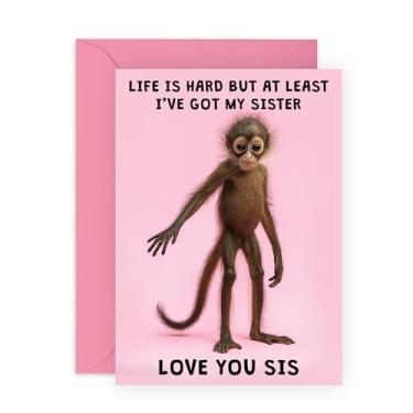Imagem de CENTRAL 23 Cartão de irmã engraçado – Personagem de macaco fofo – Apreciação de irmãos para irmã mais velha, irmãs, adolescentes, meninas, mulheres, irmãs da família Bestie – Vem com adesivos