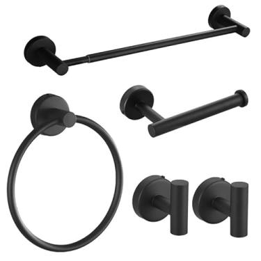 Imagem de Kit 5 Acessórios Para Banheiro Inox Toalheiro Cabide Porta Toalha Completo Resistente 40cm ou 60cm (Preto(Escalável 43-65cm))
