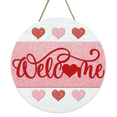 Imagem de Bolisom Placa de boas-vindas para o dia dos namorados, rosa vermelho com glitter, coração, placa de madeira, para decoração de casa, decoração de casa, guirlanda de madeira para decoração interna de