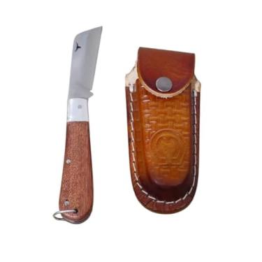 Imagem de Canivete Dobrável Tradicional com Cabo de Madeira Muirapiranga, Lâmina Inox 420, 18cm Aberto, com Bainha de Couro Caramelo