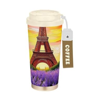 Imagem de TSENQUE Copo de café de viagem 473 ml com tampa de canudo e filp, copo de café de aço inoxidável à prova de vazamento para escritório, escola, festa, acampamento, torre Eiffel, flores de lavanda roxas