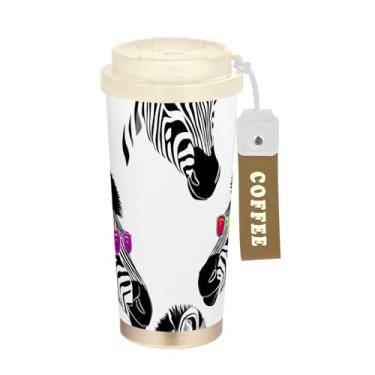 Imagem de TSENQUE Caneca de café de viagem de 473 ml com canudo e tampa, caneca de café de aço inoxidável à prova de vazamento para escritório, escola, festa, acampamento, estampa de zebras, colorido, engraçado
