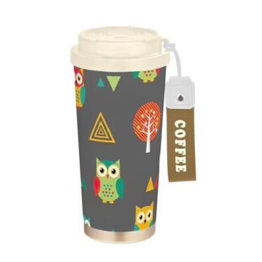 Imagem de Caneca de café de viagem 40 ml com canudo e tampa, caneca de café de aço inoxidável à prova de vazamento para escritório, escola, festa, acampamento, corujas coloridas e árvores verdes
