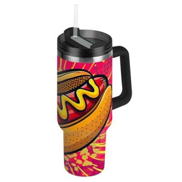 Imagem de Copos de aço inoxidável com tampas e canudo cachorro-quente rosa quente caneca de café para carro à prova de derramamento copo de 1,134 g com alça garrafa de água isolada