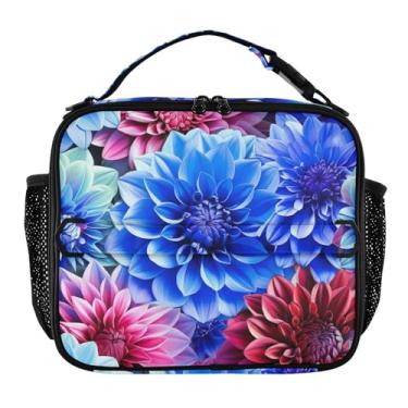 Imagem de Lancheira azul com flores de dália vibrantes para mulheres, meninas, lancheira com alça de ombro, masculina, infantil, lancheira para trabalho, meninos, animal, floral, bolsa térmica