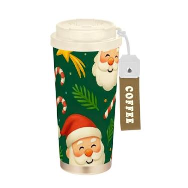 Imagem de TSENQUE Copo de café de 473 ml com canudo e tampa de filp, copo de café de viagem de aço inoxidável à prova de vazamento para escritório, escola, festa, acampamento, desenho de Natal, Papai Noel