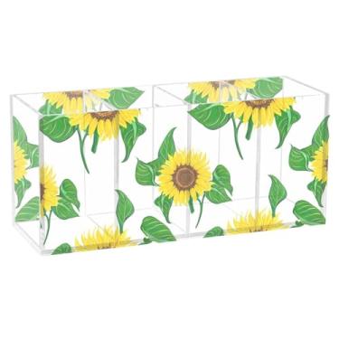 Imagem de TSENQUE Porta-lápis de acrílico personalizado com girassóis brilhantes e folhas verdes para mesa, porta-pincéis de maquiagem, copo de caneta, decoração de escritório, organizador de mesa