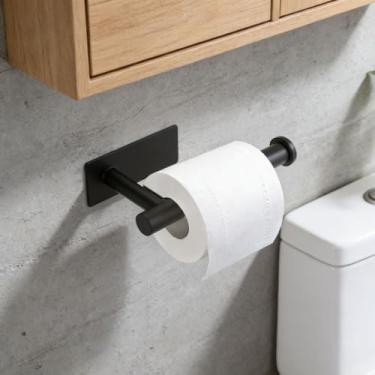 Imagem de Suporte de parede para toalha de papel, suporte de papel higiênico preto de aço inoxidável com adesivo, sem necessidade de furadeira para banheiro