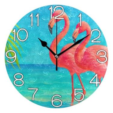 Imagem de GAIGEO Relógio de parede decorativo analógico operado por bateria relógio de sala de aula, decoração de casa boho arte de parede, desenho animado rosa flamingo azul mar, 25 cm, ponteiros dourados