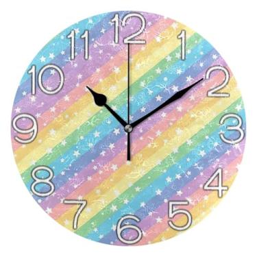 Imagem de Relógio de parede decorativo analógico estético silencioso sem tique-taque relógio de cozinha rústico, decoração de parede moderna para sala de estar, listras coloridas arco-íris pastel, 25 cm