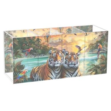 Imagem de TSENQUE Porta-lápis de mesa de acrílico com pintura personalizada de tigres e cenário de praia, suporte de caneta, organizador estético de escritório