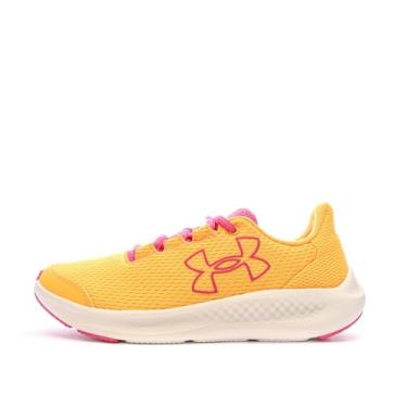 Imagem de Under Armour Tênis de corrida feminino Grade School Pursuit 3 com logotipo grande, (800) Nova Orange/Nova Orange/Rebel Pink, 17