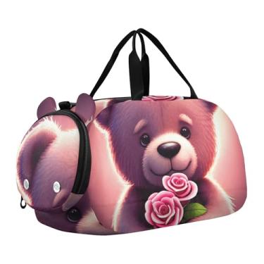 Imagem de Sacola de viagem com ursinho de pelúcia abraçando boneco de neve, bolsa de viagem infantil, bolsa esportiva para meninos, Lindo ursinho de pelúcia rosa, Clássico