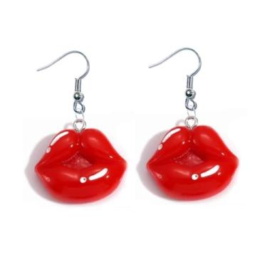 Imagem de Brincos Boca Beijo Batom Vermelho Resina Gancho de Aço Inox Inoxidável