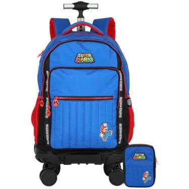 Imagem de Kit Super Mario Bros Mochila Rodinhas e Costas + Estojo Box, Azul