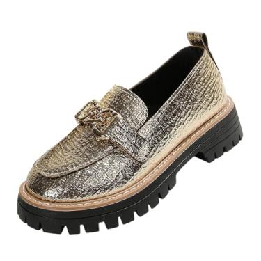 Imagem de Mocassins femininos casuais, bico redondo, fivela de metal, sola grossa, salto médio, versátil, confortável, para uso externo e interno, Dourado, 34