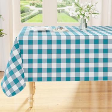 Imagem de Smiry Toalha de mesa retangular, toalha de mesa de vinil impermeável com forro de flanela, capa de mesa xadrez de búfalo limpa para jantar, interior e exterior (turquesa e branca, 132 x 178 cm)