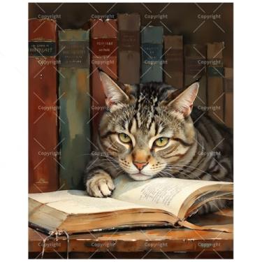 Imagem de TAOPAOLAB Kit de pintura de arte animal por números para adultos – DIY gato malhado lendo um livro pintura em tela 40,6 x 50,8 cm, conjunto de tinta acrílica, adequado para iniciantes, arte para