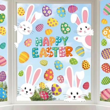 Imagem de Adurself 9 folhas de adesivos de janela de Páscoa feliz, coelhos e ovos coloridos, adesivos de janela de Páscoa removíveis de dupla face para casa, loja, escritório