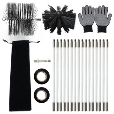 Imagem de Escova de limpeza de chaminé de arame com encaixe de 5/40.6 cm e 15 hastes, escova de limpeza de chaminé de aço redonda de 15 cm, escova de nylon de 15 cm, hastes longas para duto de lareira ou outro