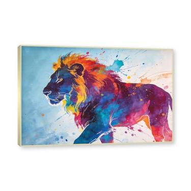 Imagem de NHLDZYH Moldura dourada. Pintura salpicada de leão pintura em tela abstrata arte animal mural vívido chama a atenção para sala de estar decoração moderna para casa. A25. 40 x 60 cm.