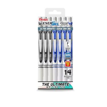Imagem de Pentel Caneta de gel líquido EnerGel RTX Pearl, ponta de agulha (0,5 mm), linha fina, tinta preta e azul, caixa de plástico pacote com 14
