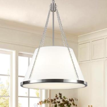 Imagem de Lustre de tambor de níquel escovado de 48 cm para sala de jantar, luminária pendente grande de 4 luzes para ilha de cozinha, iluminação suspensa ajustável com sombra de tecido branco para hall de