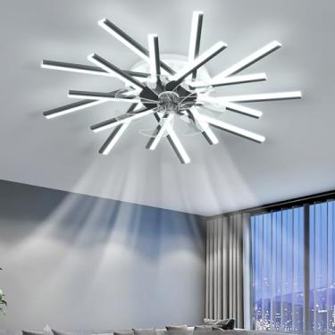 Imagem de Ventilador de teto com lustre, luzes LED, memória, dimerizável, 6 velocidades, timer, reversível, silencioso, com controle remoto e aplicativo para quarto - Preto || 92 cm