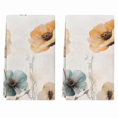 Imagem de Pacote com 2 toalhas de cozinha, pano de prato macio absorvente com laço para pendurar, toalha de prato retrô abstrata tulipas borboleta para pratos de secagem em casa, casa de fazenda, aquarela