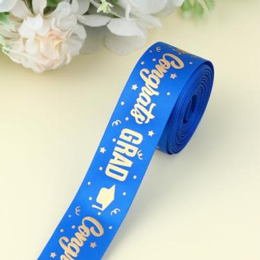 Imagem de 1 rolo de fita de formatura de 5 metros, fita de cetim de estampagem a quente ouro azul de 0,98 polegadas de largura, tecido natural macio faça você mesmo, decoração de presente para buquê de festa de