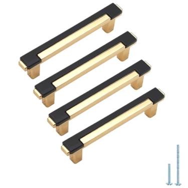 Imagem de ESreake 4 peças de puxadores de armário preto e dourado, puxador de gaveta de liga de zinco de dois tons de qualidade pesada, puxadores de armário preto e dourado para armário de cômoda (4, preto e