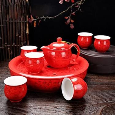 Imagem de Conjunto de chá de cerâmica dupla felicidade, filtro, bule e xícaras, chaleira, chaleira, estilo chinês, casamento, vermelho, presente de luxo, conjunto de chá chinês, conjunto de infusor de chá