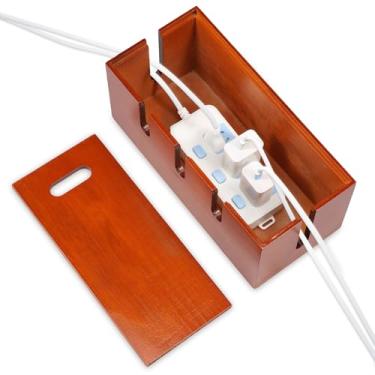 Imagem de Caixa de gerenciamento de cabos de madeira, organizador de cabos, caixa organizadora de cabos de mesa com tampa para casa, escritório, mesa, PC, computador, TV, hub USB para cobrir e esconder e tiras