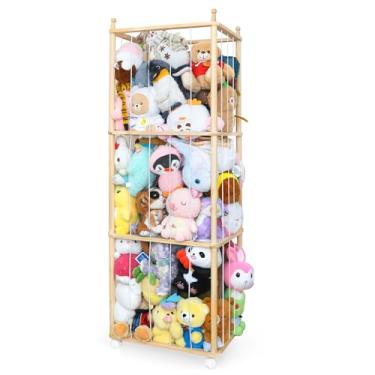 Imagem de LeeHermay Armário de armazenamento de animais de pelúcia de madeira, caixa grande de brinquedo de pelúcia de 147 cm que economiza espaço, zoológico de animais de pelúcia fácil de montar, adequado para