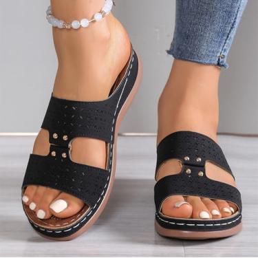 Imagem de Sandálias femininas de salto baixo com salto baixo elegantes confortáveis para caminhada casual plataforma plataforma sapatos de verão, Preto, 40