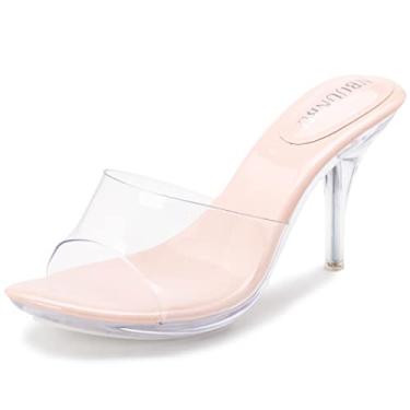 Imagem de NBUUNBU Salto prateado transparente para mulheres, sapatos sociais, tiras transparentes, salto alto, salto alto, salto alto, sandálias escarpim mules, Nude-9,5 cm, 35