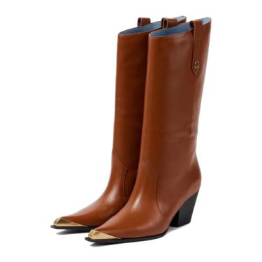 Imagem de THESHY Botas femininas ocidentais cano alto couro caubói grosso salto bloco bota bico fino puxar na moda vestido botas de festa para mulheres, Marrom, 39