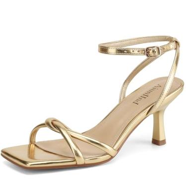 Imagem de AIUNIIND Sandálias femininas quadradas, bico aberto, salto gatinho, tiras no tornozelo, sandálias femininas confortáveis para festas, Dourado, 38