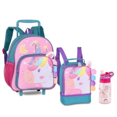 Imagem de Kit Mini Mochila Rodinha Lancheira Térmica Garrafa Unicórnio Escolar -