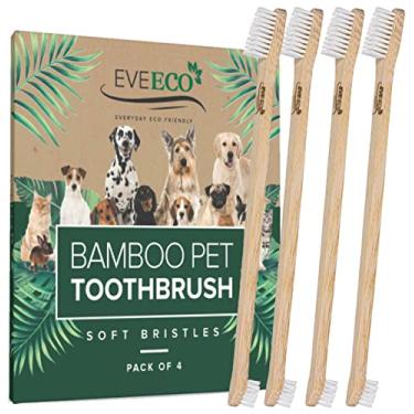 Imagem de EveEco Pacote com 4 escovas de dentes de bambu para cães e animais de estimação – 2 cabeças de escova grandes e pequenas com 21,5 cm extra longa para usar com pasta de dente para eliminar cavidades, mau hálito, tártaro para filhotes, gatos, gatinhos