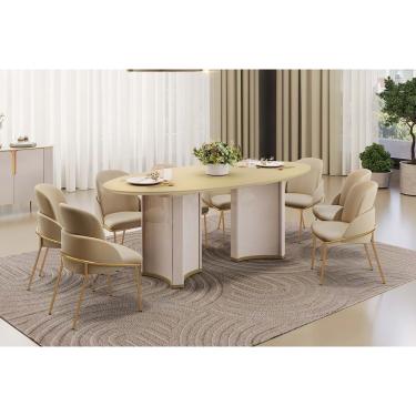 Imagem de Conjunto: Mesa Sala Jantar Liz c/ Tampo Madeirado c/ Vidro Oval 218x108cm e 8 Cadeiras Vitta Off White/Dourado - Linho Bege - DJ Móveis