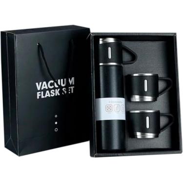 Imagem de Kit Garrafa Térmica Vacuum Flask Set Inox 500ml + 3 Xícaras (Preta)