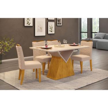 Imagem de Conjunto: Mesa de Cozinha Argo c/ Tampo Madeirado c/ Vidro Curvo 136x90cm e 4 Cadeiras Julia Cedro/Off White - Linho Neve - DJ Móveis