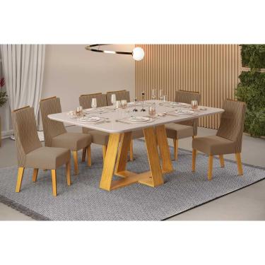 Imagem de Conjunto: Mesa Sala Jantar Celeste c/ Tampo Madeirado c/ Vidro Curvo 160x90cm e 6 Cadeiras Jade Cedro/Off White - Linho Bege - DJ Móveis