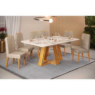 Imagem de Conjunto: Mesa de Cozinha Celeste c/ Tampo Madeirado c/ Vidro Retangular 160x90cm e 6 Cadeiras Lia Cedro/Off White - Suede Kraft - DJ Móveis