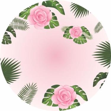 Imagem de Painel de Tecido Sublimado Redondo Tropical Fundo Rosa Folhagem e Flor