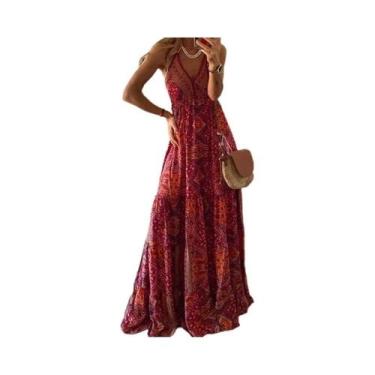 Imagem de Vestido Longo Feminino Boêmio Com Estampa Floral, Decote Em V E Cintur